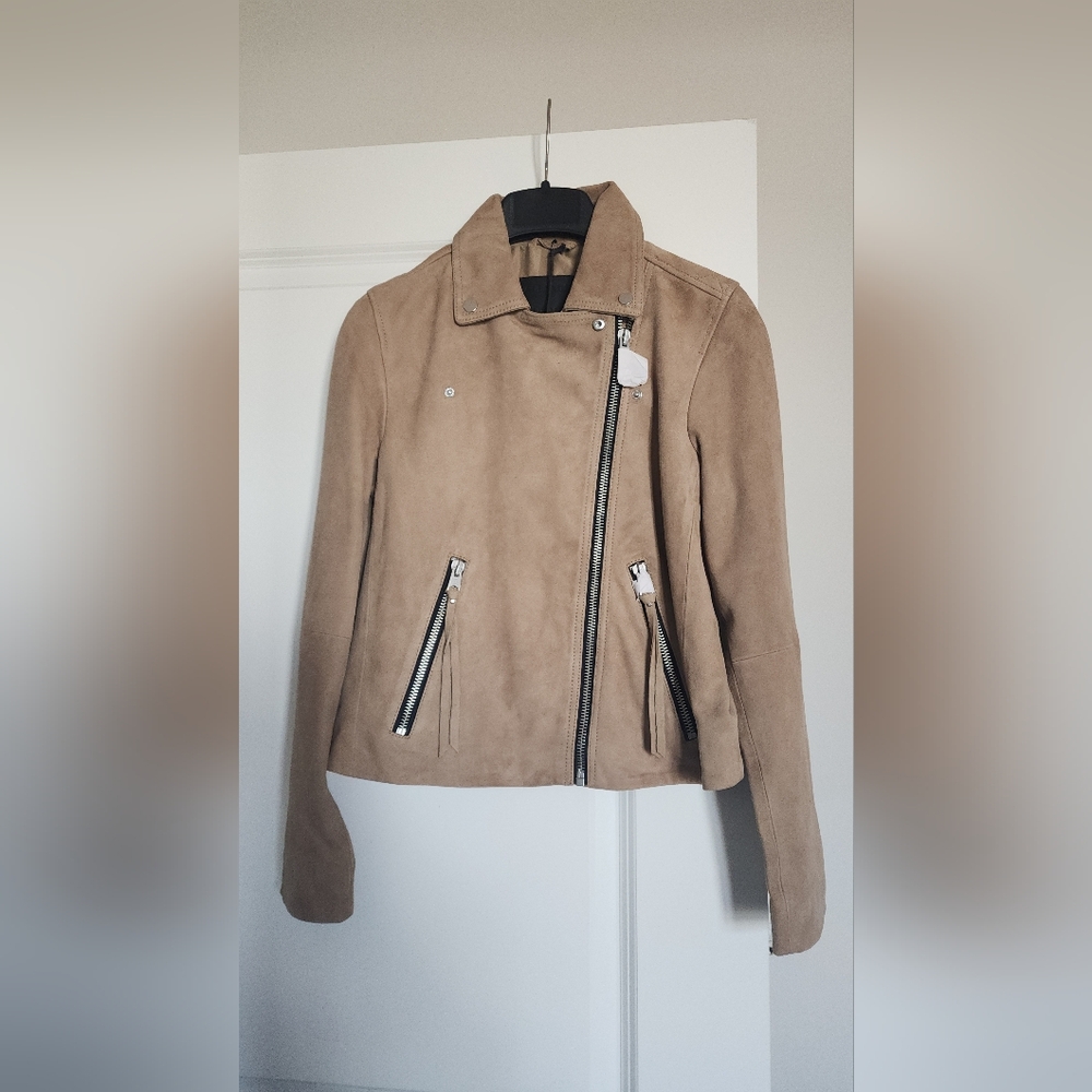 NWT All Saints Dalby Style Moto Women’s Taupe Suede Biker Jacket Size 8US/12UK